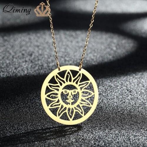 Gold Plated Hollow Sun Pendant Necklace For Women Hippie Style Circle Sunny Stainless Steel Necklace Space Jewelry