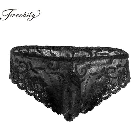 Men Sexy Lace Lingerie Sissy Crossdress Porno Panties Semi Mesh Sheer Bulge Pouch Jockstraps Bikini Briefs Gay Exotic Underwear