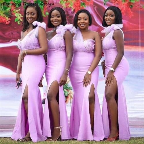 Sexy Side Split Bridesmaid Dresses Long Mermaid One Shoulder Knot Wedding Party Dress Applique Lace Vestido De Fiesta De Boda