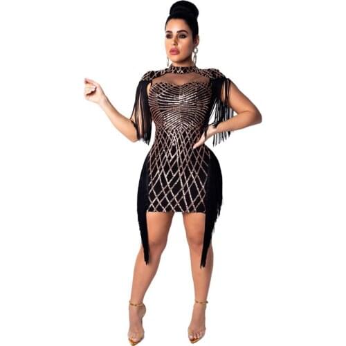 Sexy Sheer Sequins Evening Party Bodycon Summer Mini Dress Women Elegant Short Sleeve Tassel Club Dresses Casual Bandage