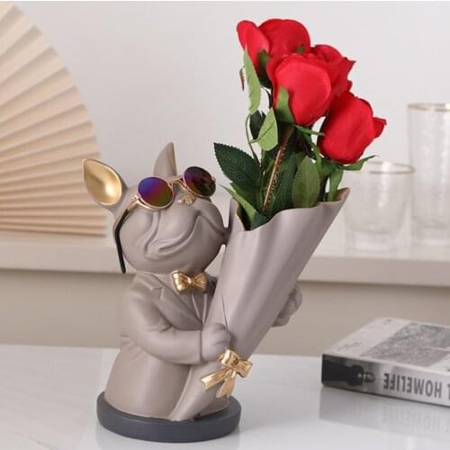 Modern Resin Bouquet Dog Vase Flower Arrangement Hotel Club Cafe Sculpture Decoration Home Cabinet Coffee Table Figurines Crafts