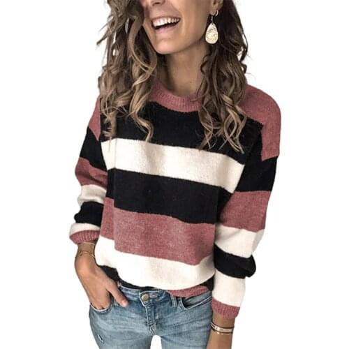 Women Fall Casual Long Sleeve Pullover O Neck Color Block Loose Knitted Sweater Ladies Winter Sweaters