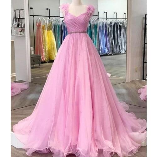 Vintage Long Tulle V-Neck Beaded Prom Dresses with Flower Open Back Floor Length Pink Robe De Soiree Pleated Formal Party Gown
