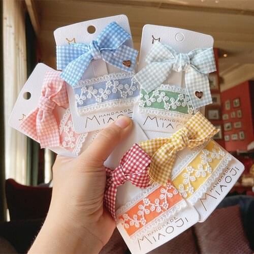 2 Pcs New Simple Beautiful Embroidery Flower BB Clip Fashion Cute Children Girl Plaid Fabric Bow Duckbill Clip Hair Accessories