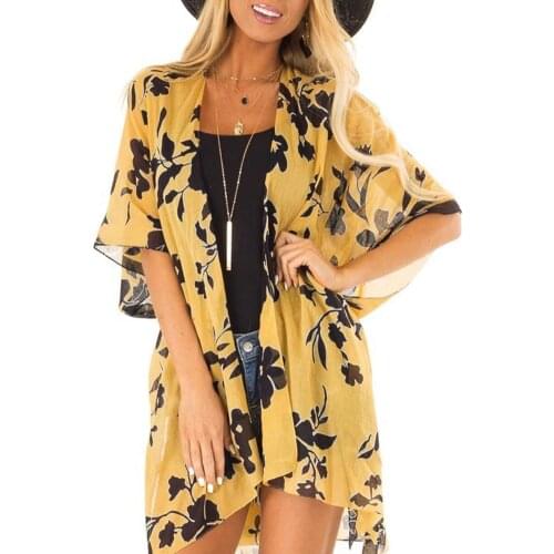 Floral Women Chiffon Front Open Short Sleeve Coverup Anti-UV Cardigan Blouse perfect for tanning salon beach swimming pool
