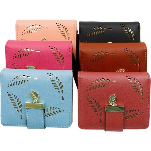 Women Short Wallets Hollow Out PU Leather Leaf Pattern Female Purses Card Holder Wallet Small Zipper Wallet With Coin Purse