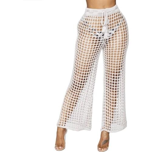 Hollow Out Knitted High Waist Summer Beach Pants Women Drawstring Cotton Sexy Women Trousers Loose Beach Casual Lady Pants 2019