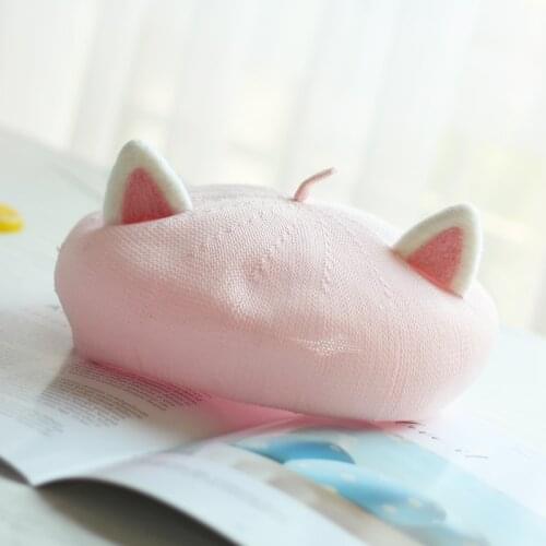 Spring summer breathable hat handmade DY cat ears womens beret hat sweet and cute pink cotton linen painter hat