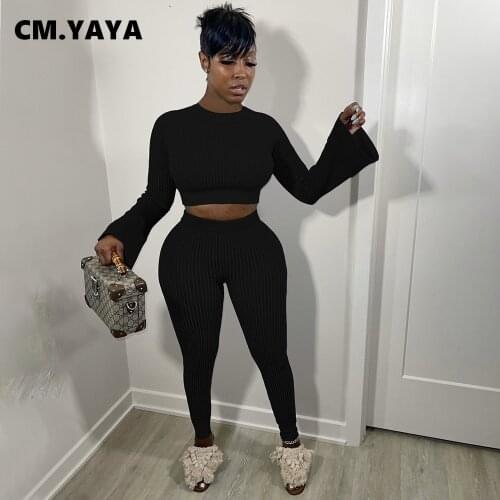 CM.YAYA Women Set Solid Full Flare Sleeve Crop Tops Pencil Pants Two 2 Piece Sets Active Tracksuit Fashion Outfit Spring Fall