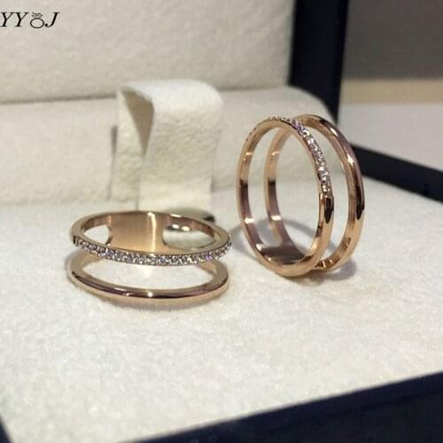Gold Rhinestone double layered stainless steel ring for women minimalist elegant korean style ring fashion 2021