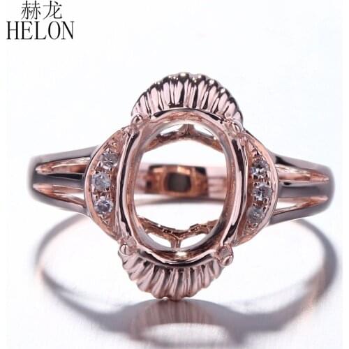 HELON Oval 9x7mm Solid 14K Rose Gold Natural Diamonds Semi Mount Engagement Ring Setting Women Birthday Anniversarry Best Gift