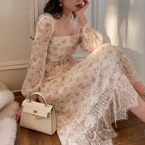 2021 Summer Women Sweet Lace Patchwork Chiffon Floral Print Dress Vintage Elegant Long Sleeve Party Dress Robe Mujer