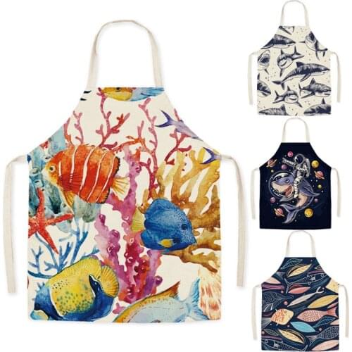 1 Pcs Fish Kitchen Aprons for Women Cotton Crab Linen Bibs Household Cleaning Pinafore Home Cooking Apron 75x65cm