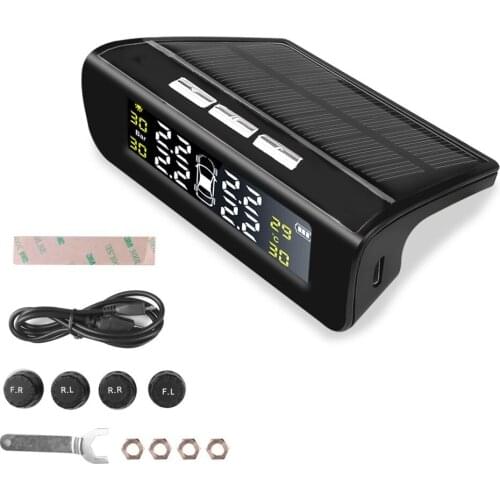 Car Tire Pressure Monitoring System Digital Display TPMS Solar + USB Charging pressure gauge meter 4 sensors Auto safe driving