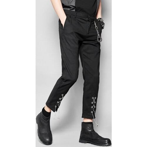 Free Shipping New Unique Summer Fashion Mens Casual Black Slim-fit Tapered Pants British Small-footed Cropped Male Trousers