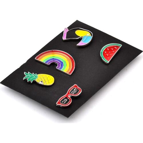Euro-American Carton Brooches Woodpecker Watermelon Pineapple Rainbow Shaped Alloy Pins For Women Clothing Accessory 5pcs/set 6s