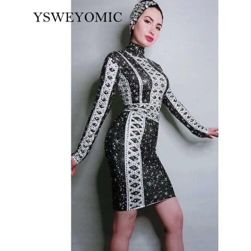 Shining Silver Black Rhinestones Short Dress Womens Birthday Prom Celebrate Long Sleeves Dress Evening Dance Stretch Costume