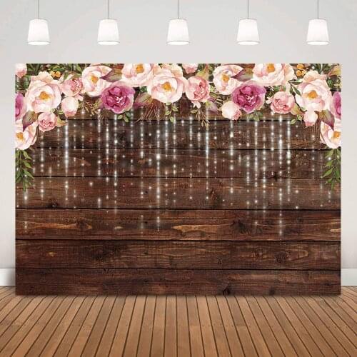 Floral Rustic Wooden Backdrop Pink Rose Wedding Bridal Shower Photography Background Photo Studio Birthday Party Banner Decor