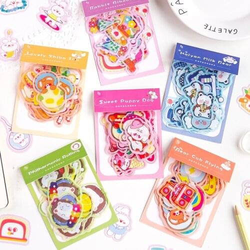 40 Pcs Kawaii Washi Stickers Set Animal Bunny Cat Planet Adhesive Label Decorative Sticker Label for Scrapbooking Journaling