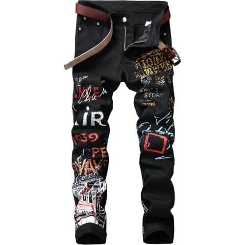 Mens spring jeans stretch slim straight summer new white printed personality jeans men trend brand fashion long pants 28-38