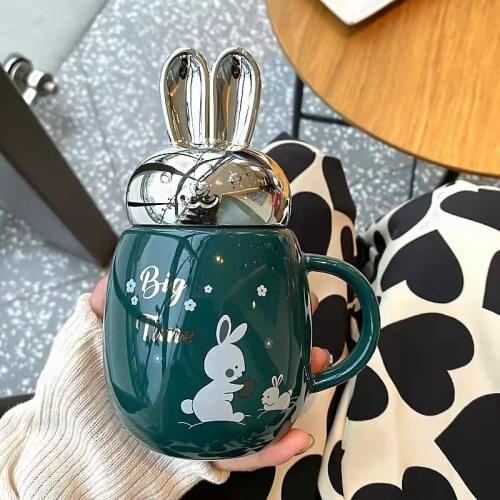 Cartoon Ceramic Mugs With Lovely Rabbit Ear Lid Korean Style Water Bottle Tea Coffee Milk Breakfast Fresh Cup