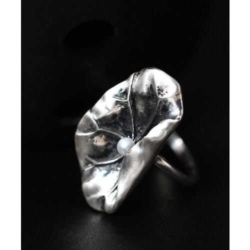 S925 Sterling Silver Freshwater Pearl Lotus Leaf Open Rings For Women Vintage Style Lady Handmade Chinese style Fine jewelry