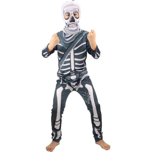 Skull Trooper Costume Kids Fancy Party Dress Scary Skeleton Cosplay Halloween Costume for Kids Sweater Boys Coat Horror Props
