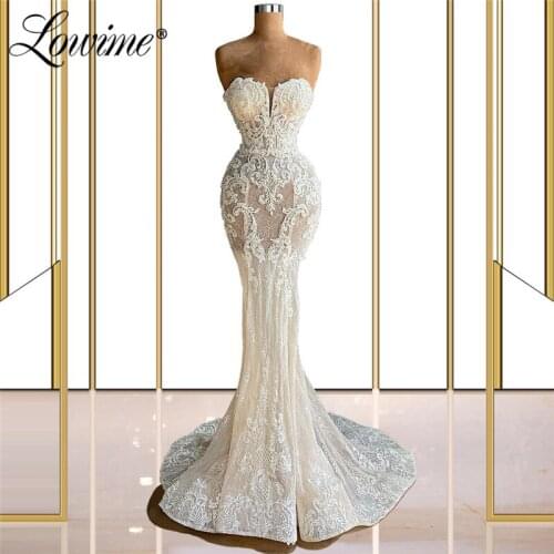 Lace Wedding Dresses Vestido De Noiva Beading Bridal Gowns Ivory Slim Mermaid Bride Dresses Arabic Wedding Gowns 2021 Plus Size