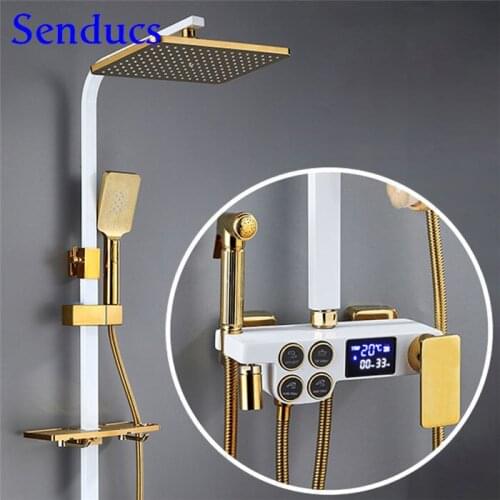 Bathroom Shower Set Senducs White Gold Bathtub Mixer Faucets Luxury Thermostatic Shower System Rainfall Digital Shower Set