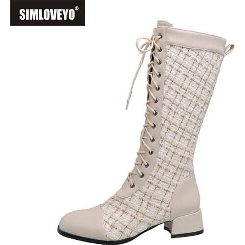 SIMLOVEYO Autumn Winter Knee-high boots Lace-up Patchwork Round toe Chunky heel Big size 34-48 Black Apricot Party Date B2102