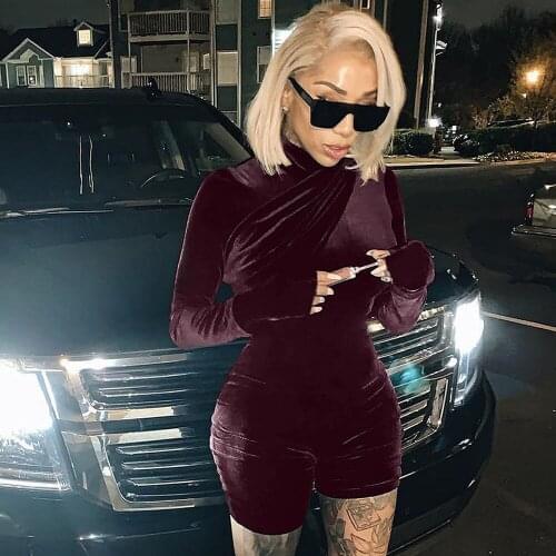 Fall Winter Velvet Jumpsuit Women Playsuit short Full Sleeve Ruched Skinny Rompers Womens Jumpsuit Sexy Night Party Club Outfits