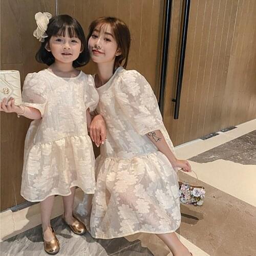 Family Look Mother Daughter Dress Clothes New 2021 Summer Family Matching Outfits Clothes Bubble Sleeve Dress