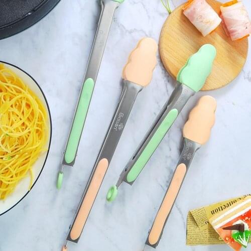 Handle Nonstick Food Clip with Lock Catch Non-Slip Stainless Steel Bread Folder with Silicone Tip Heat Resistant Cooking Tools