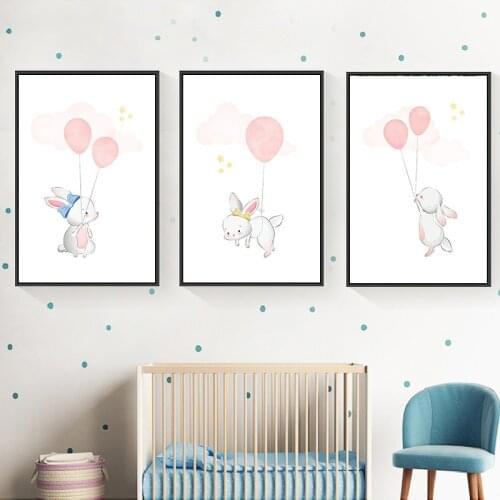 Modern Cartoon Pink Balloon Animal Rabbit Giraffe Northern European-Style Room Decorative Art Hanging Painting Canvas Painting