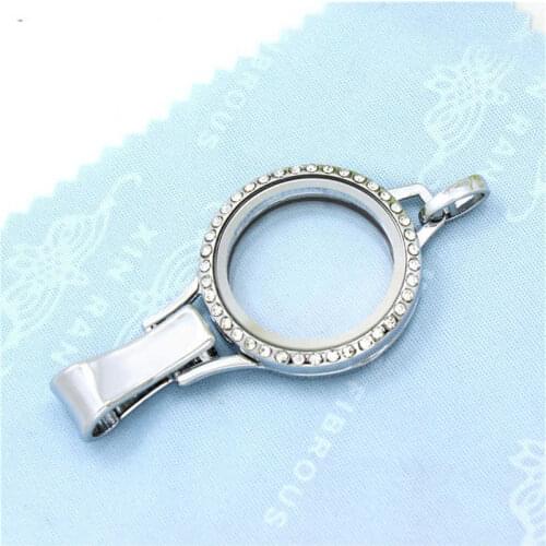 Julie Wang 30mm Glass Floating Locket Charms With Clip Crystal Round Stainless Steel Pendant Necklace Jewelry Making Accessory