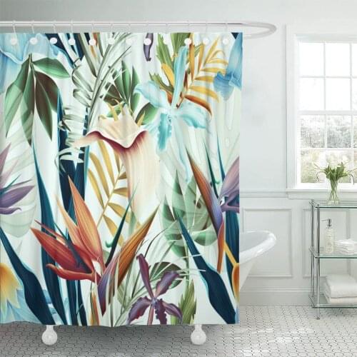Green Floral Tropical Flower Plant and Leaf Pattern Colorful Shower Curtain Waterproof Fabric 72 x 72 Inches Set with Hooks