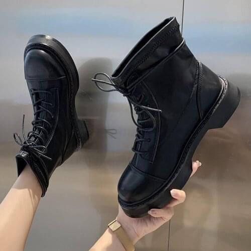 Fashion Spring Autumn 35-40 Size Women Short Motorcycle Boots Lace Up Boots Zapatos De Mujer Ladies Platform Heels