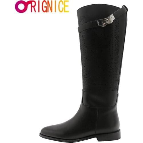 Orignice New Cool Women Rider Horse Riding Knee High Boots Quality Leather Autumn Classic Round Toe Low Heels Wild Shoes Black