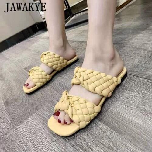 Turned -over Leather Band Flat Women Slides 2021 Summer New One Strap Woven Beach Slippers Square Toe Braid Women Dress Mules