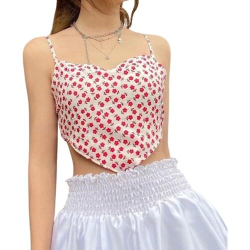 Ladies Summer Irregular Hem Camisole, Girls Sweet Style Floral Printing Sleeveless Top Slim Midriff-baring Base Shirt