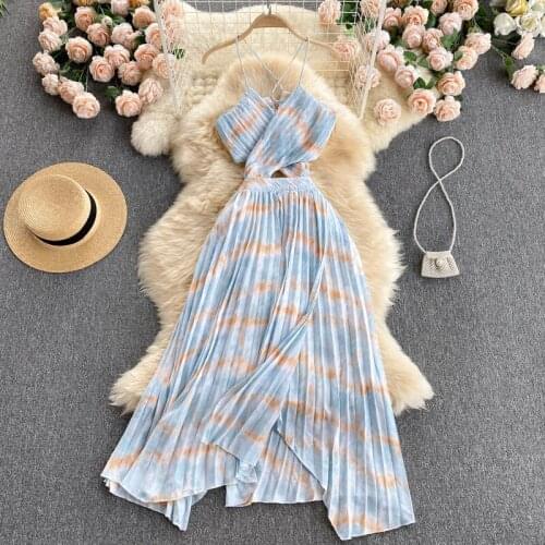 Pinkou Women Elegant Print Maxi Dress Cross Design Back Lace Up Sleeveless Backless Cut Out Pleated Dresses Mujer QA67