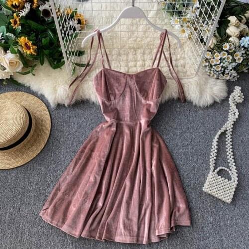 2019 Autumn Women Kawaii Solid Dress Velvet Spaghetti Strap Christmas Halloween Party Dress Empire A-Line Vestidos Cute Clothing