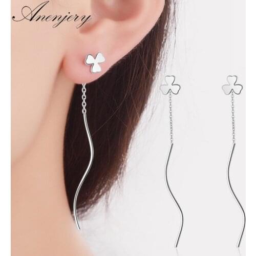 ANENJERY 925 Sterling Silver Earrings For Women Girl Lucky Leaf Wave Tassel Earrings oorbellen pendientes S-E565