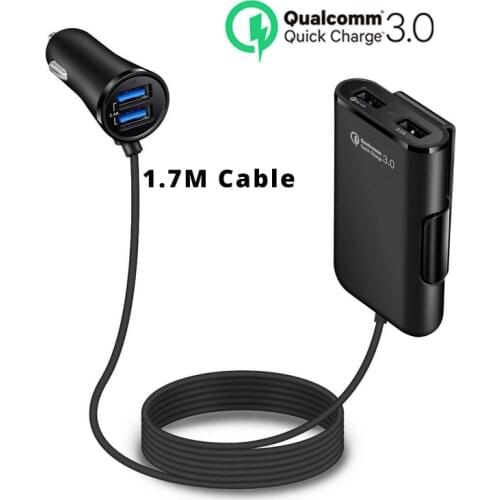 4 Port Extension Plug Car Fast Charger Quick Charge 3.0 Phone Charger Adapter 5.6ft Cable Car Back Seat Auto USB Charging Plug