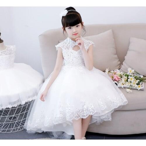 Flower Girls Birthday Banquet Sequin White Lace Dress Elegant Evening Girl Kids Wedding Princess Birthday Party Vestido