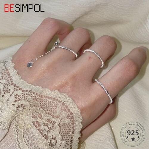 Besimpol Real 925 Sterling Silver Shining Ring Minimalist Adjustable Sparkling Rings Open Rings For Women Party Fine Jewelry