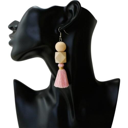 Bohemian Wood Tassel Hook Earrrings Natural Wooden Beaded Drop Earrings Summer Women Dangle Earrings Fashion Jewelry
