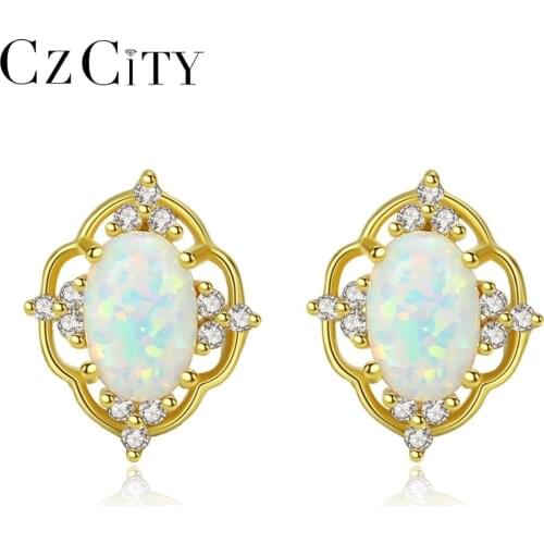 CZCITY Real 925 Silver Classic Hollow Pattern Opal Stud Earrings for Women Elegant Female Wedding Earrings Jewellery Carving 925