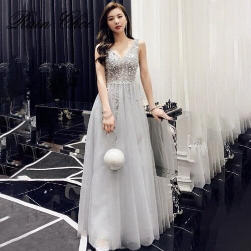 Long Evening Dresses 2020 Floor Length V Neck Party Gowns Elegant Formal Prom Dress