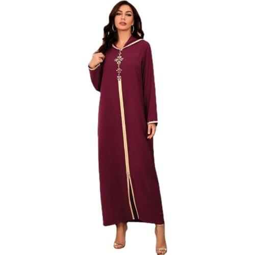 Dubai Abaya Djellaba Moroccan Kaftan Women Diamond Braid Trim Long Sleeve Muslim Hijab Maxi Dress Robe Arabic Islamic Clothes
